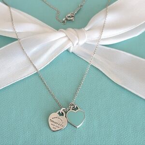 Blue enamel double heart tags necklace